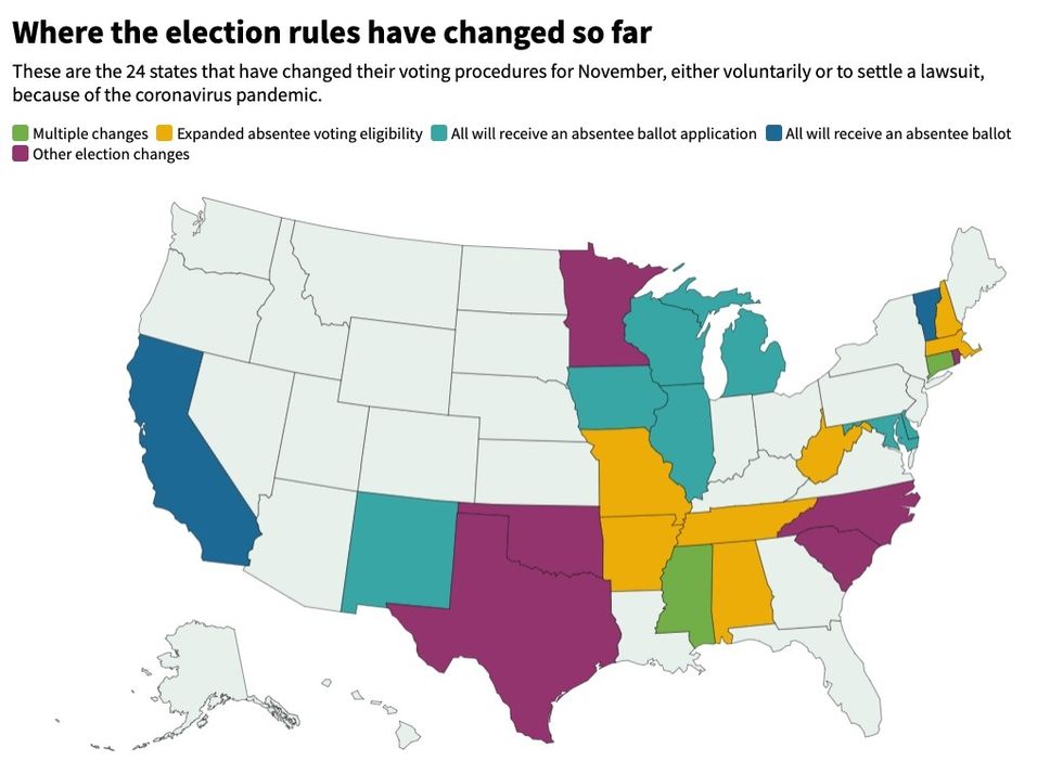 24 states that have changed their voting procedures for November due to coronavirus pandemic
