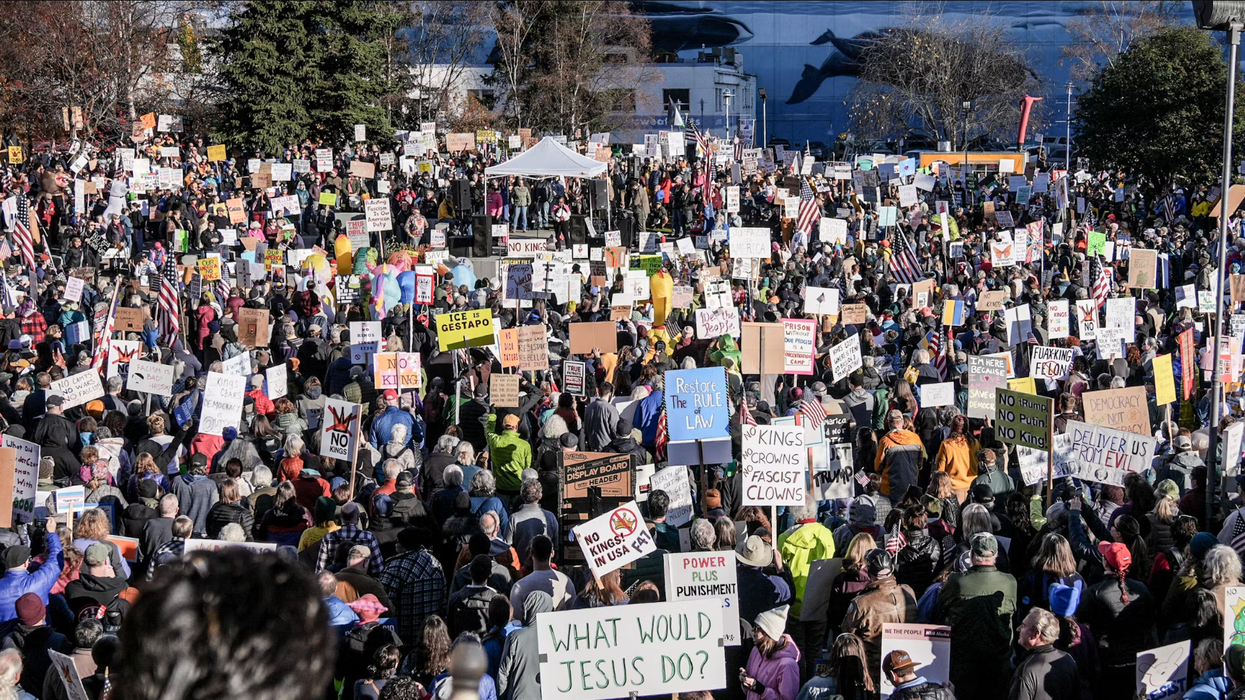 A crowd protesting.