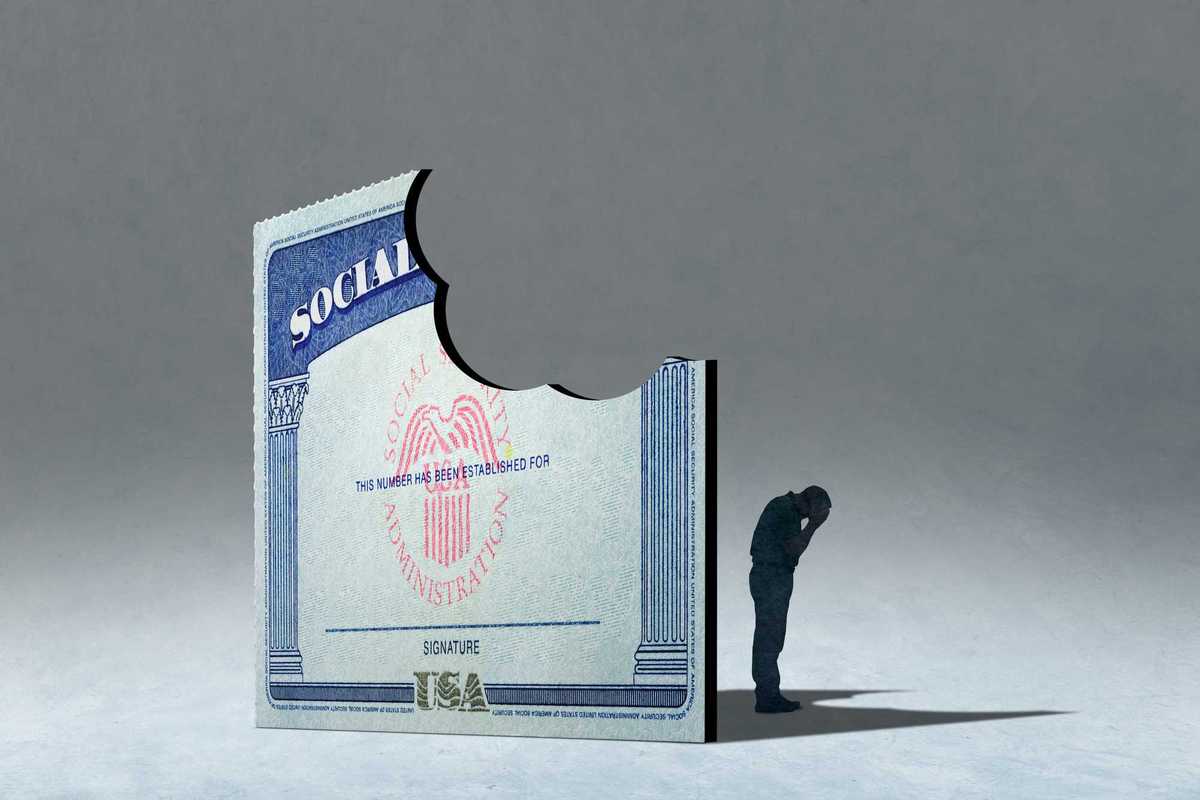 A male senior stands in the shadow of a Social Security card with bite missing.