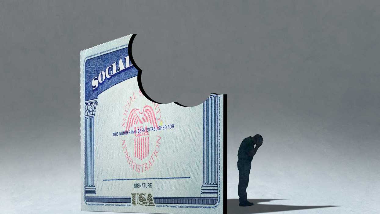 A male senior stands in the shadow of a Social Security card with bite missing.