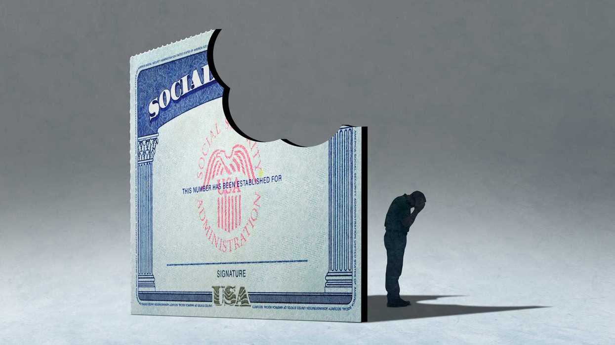 A male senior stands in the shadow of a Social Security card with bite missing.
