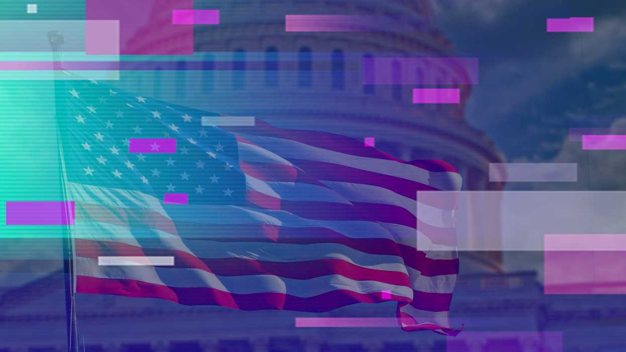 A U.S. flag flying before congress. Visual representation of technology, a glitch, artificial intelligence