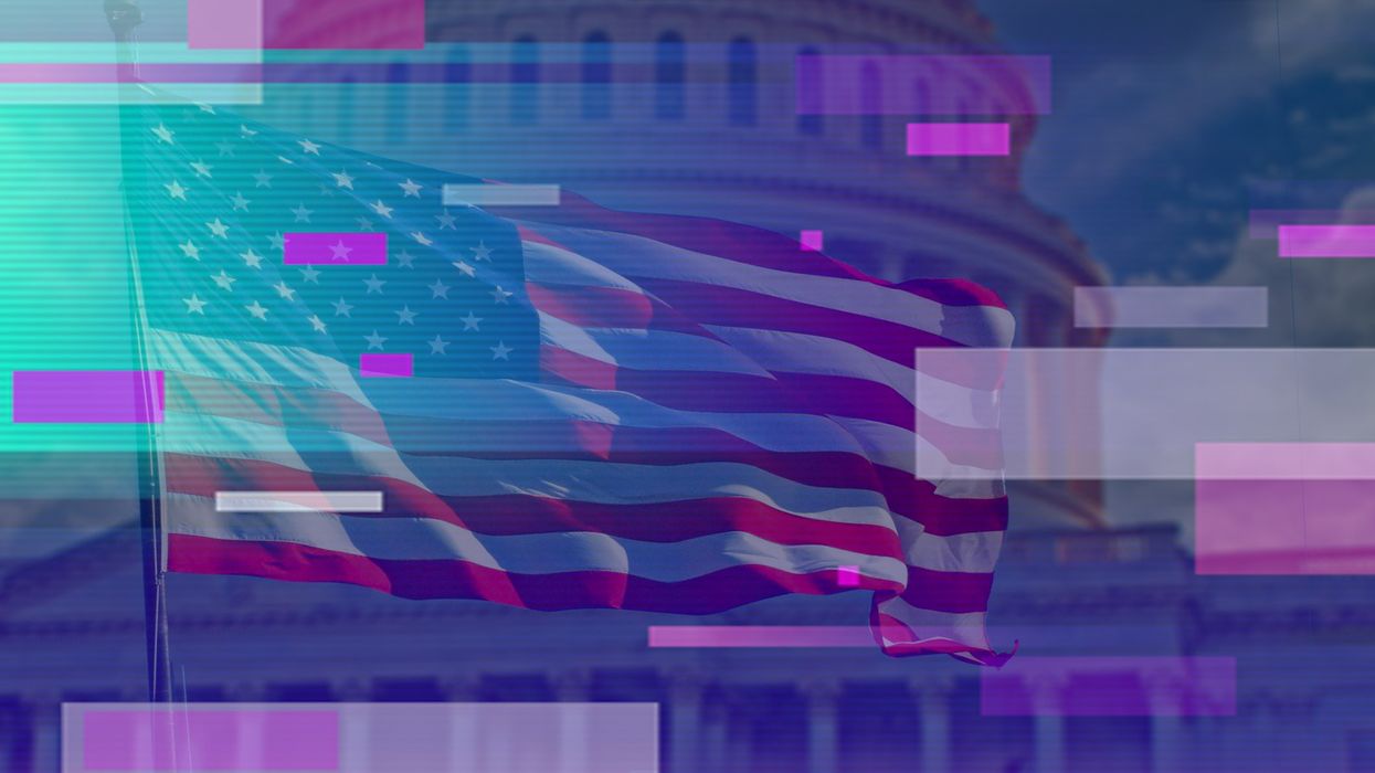A U.S. flag flying before congress. Visual representation of technology, a glitch, artificial intelligence