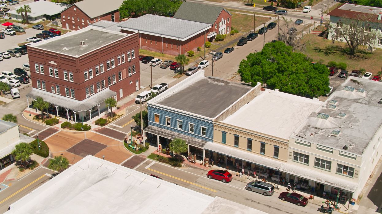 Aerial photo of buildings, streets and vehicles