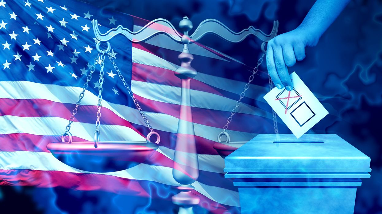 American flag, ballot box and scales of justice