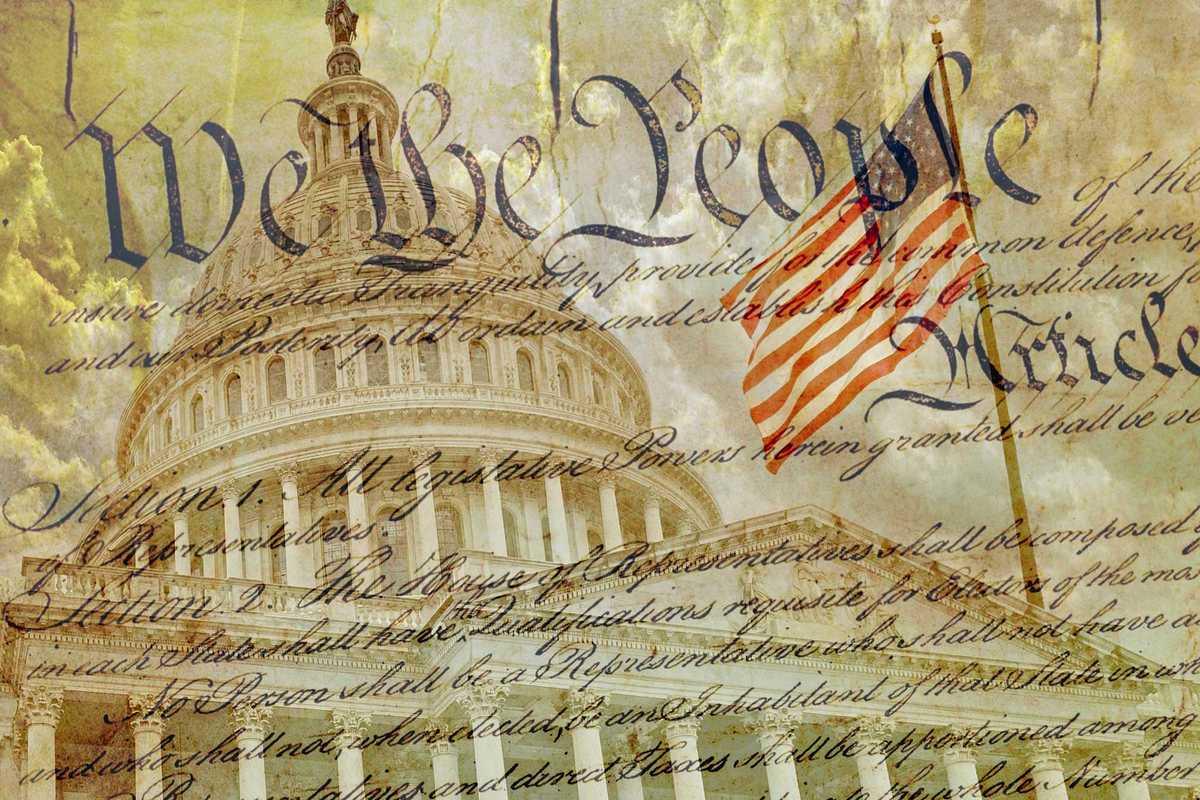 American Flag, Capitol building and the United States Constitution