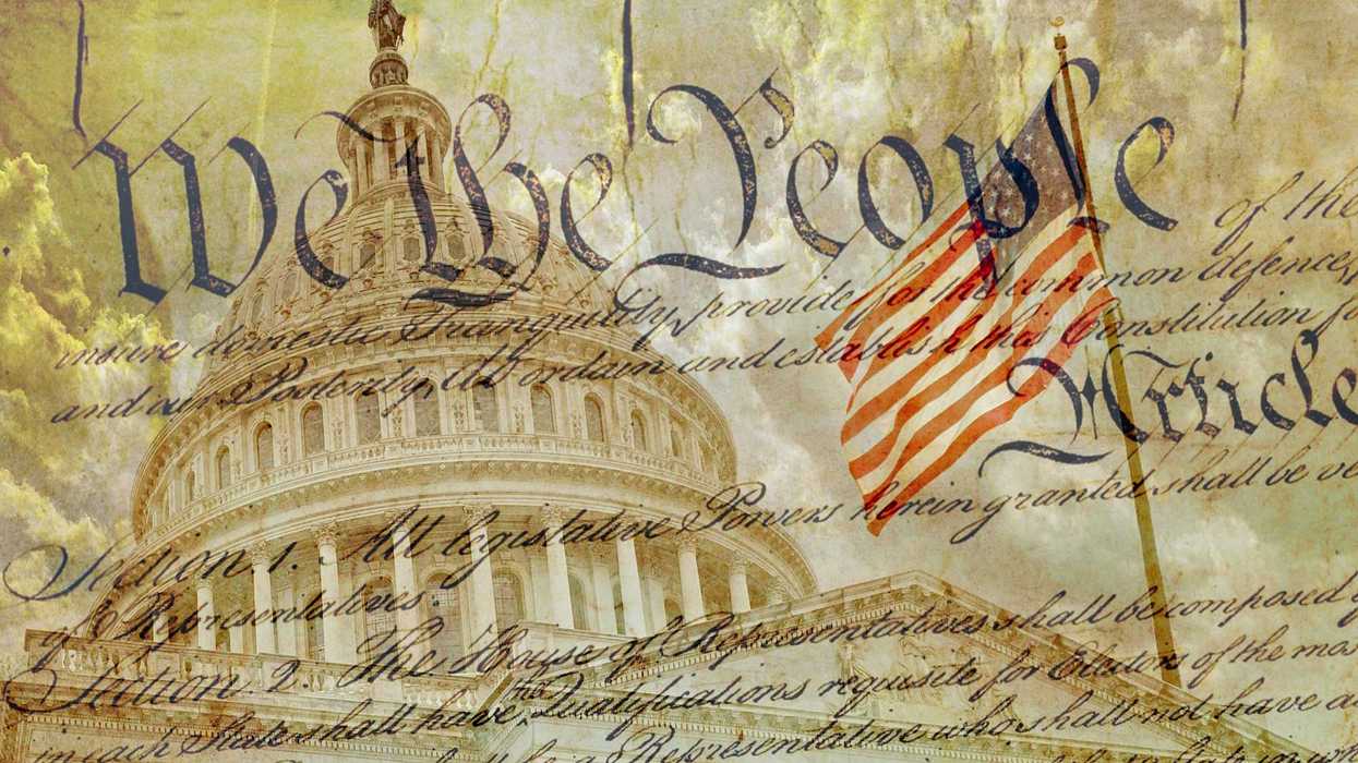 American Flag, Capitol building and the United States Constitution