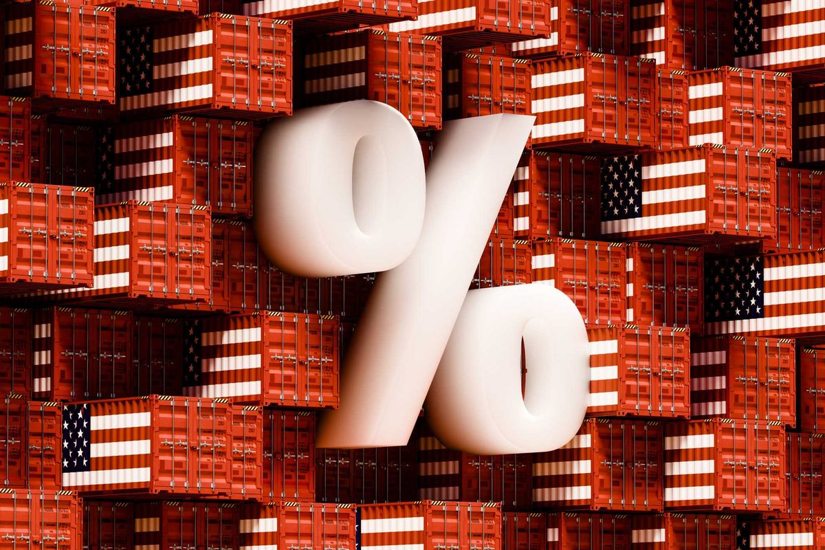 An abstract grid wall of shipping containers, unevenly arranged with some jutting out, all decorated in the colors and patterns of the USA flag. A prominent percentage sign overlays the grid.