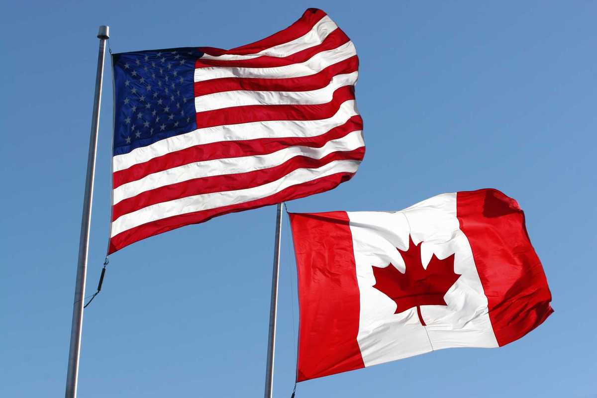An American & Canadian flag waving in the wind