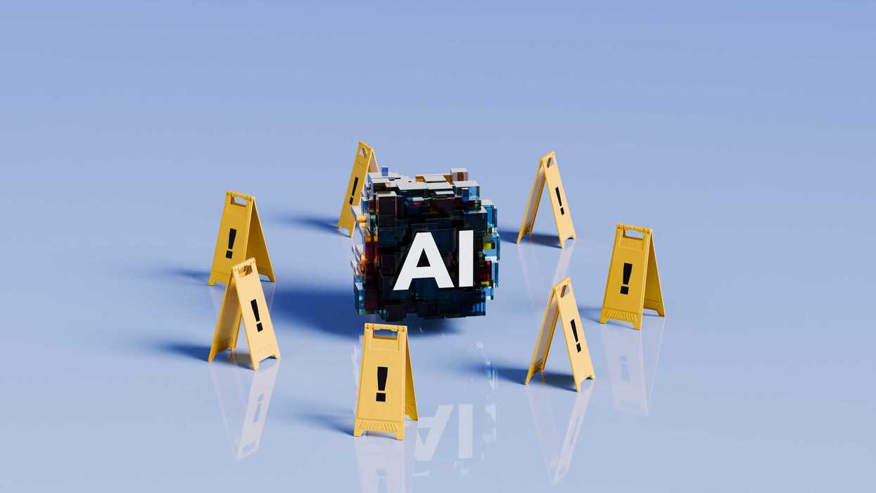 An illustration of a block with the words, "AI," on it, surrounded by slightly smaller caution signs.