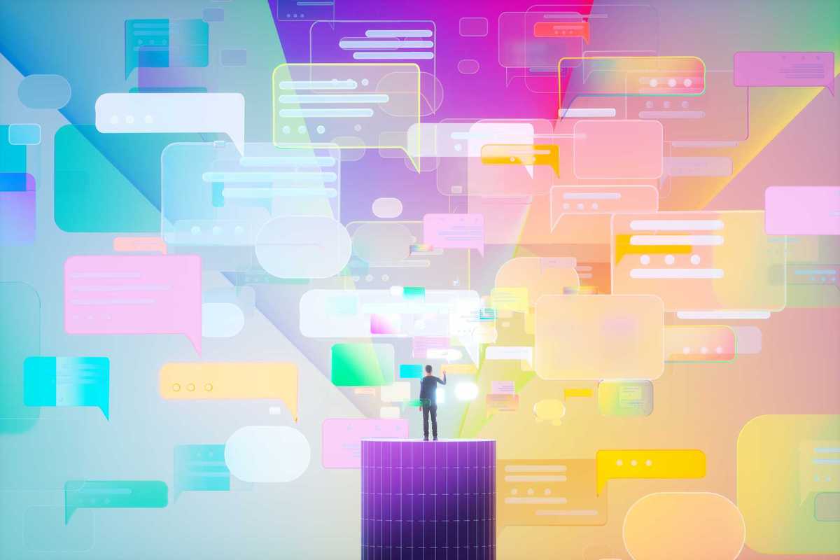 An illustration of a person standing alone on a platform and looking at speech bubbles.