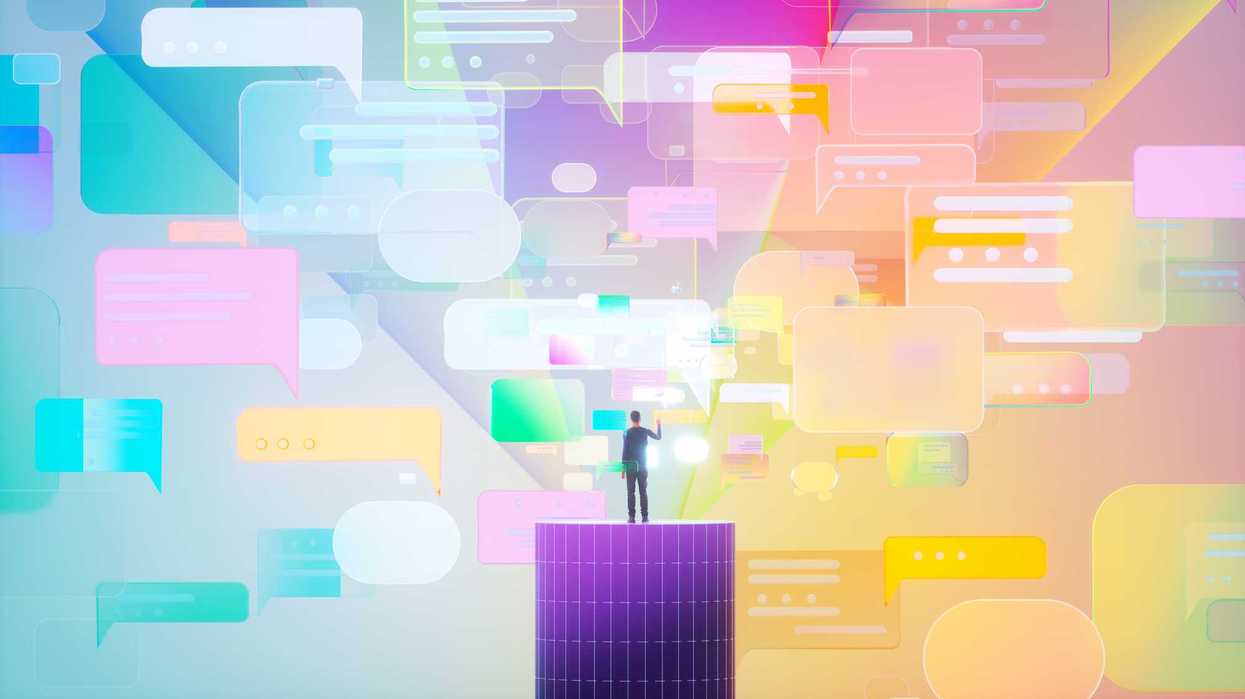 An illustration of a person standing alone on a platform and looking at speech bubbles.
