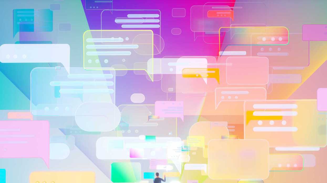An illustration of a person standing alone on a platform and looking at speech bubbles.