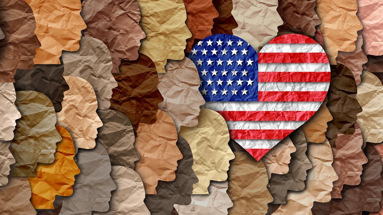 An illustration of diverse people around a heart with the design of the American flag.