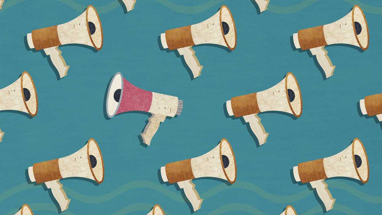 An illustration of orange-colored megaphones, one megaphone in the middle is red and facing the opposite direction of the others.