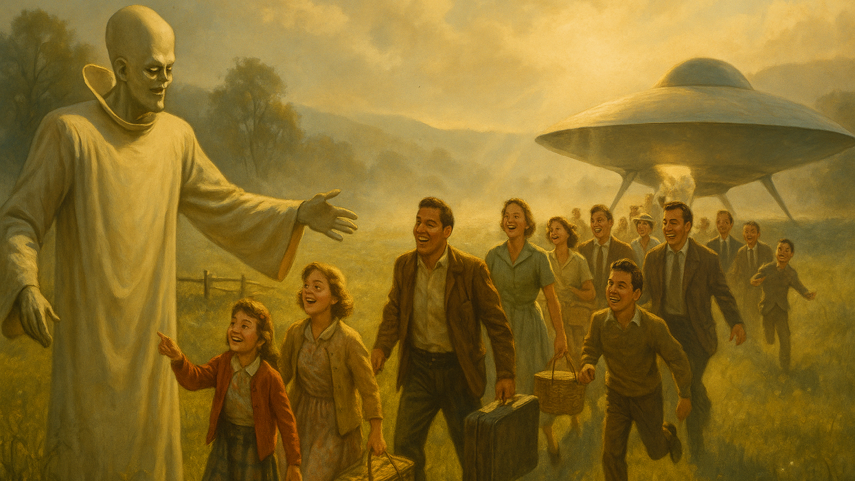 an illustration of pople walking with brief cases from a UFO.