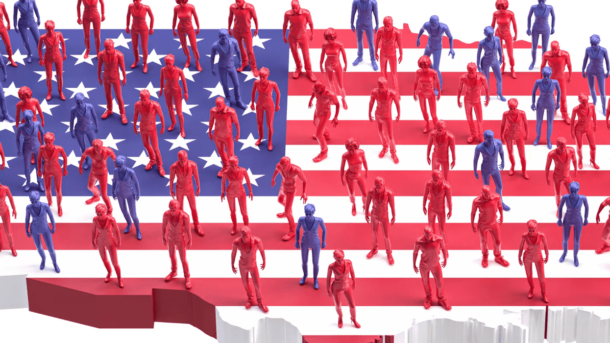 An illustration of the U.S. flag on the shape of the U.S. with blue and red figures of people across it.