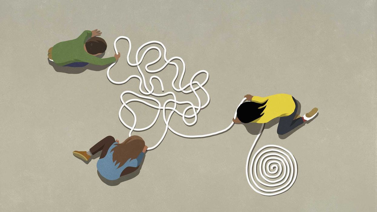 An illustration of three people working together, sorting out a twisted line.