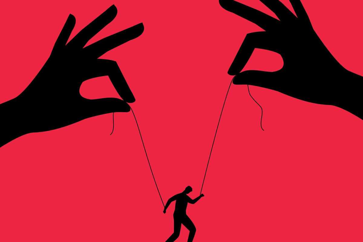 An illustration of two hands controlling a small person attached to strings.
