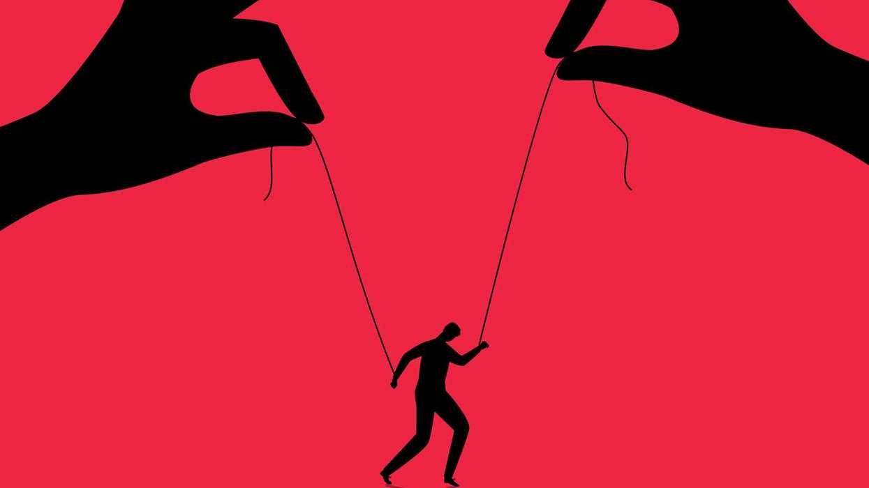 An illustration of two hands controlling a small person attached to strings.