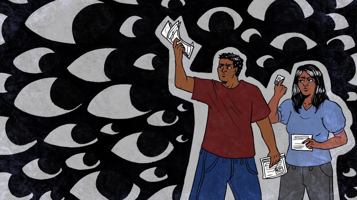 An illustration of two people holding legal documents.