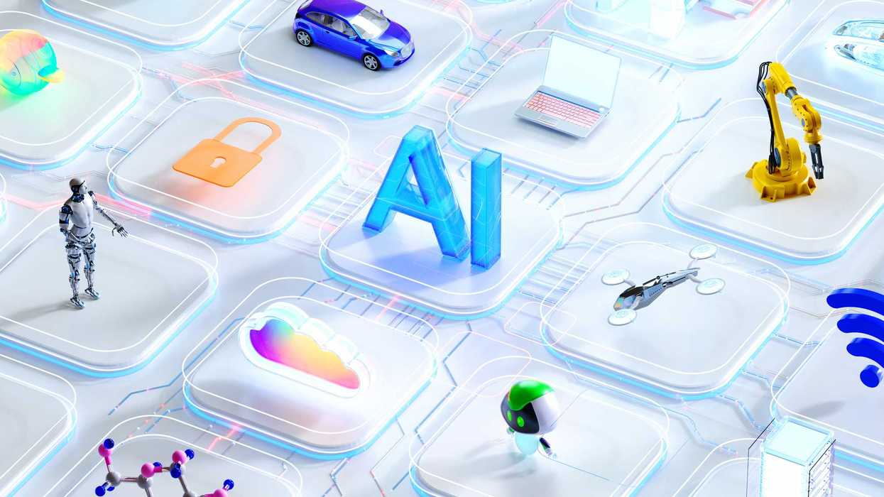 An illustration with the words, "AI," in the middle - Icons on a computer, robot, lock, and a car are around