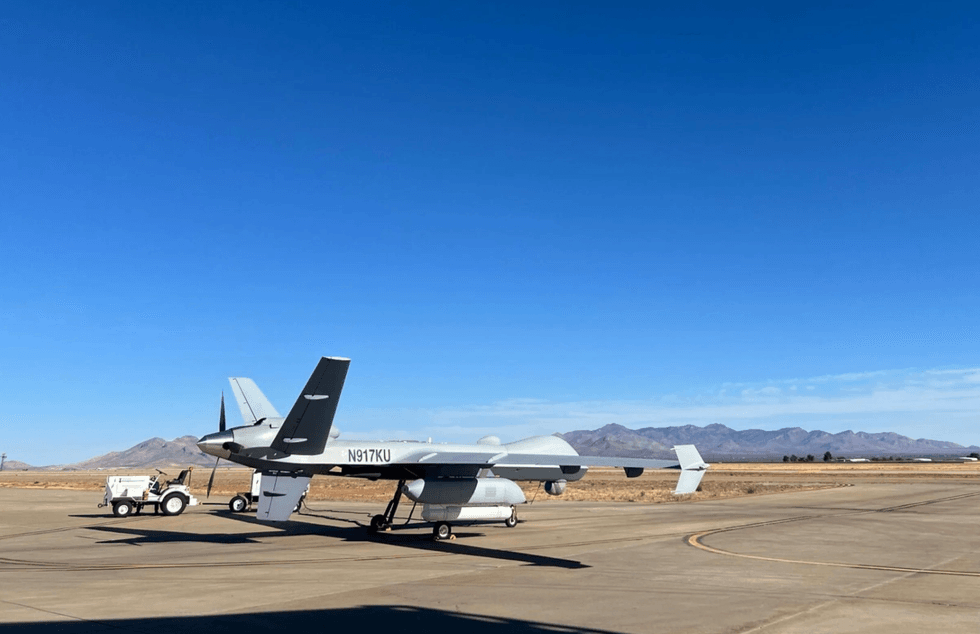 An MQ-9 Predator B drone prepares for takeoff at the National Air Security Operations Center in Sierra Vista, Arizona