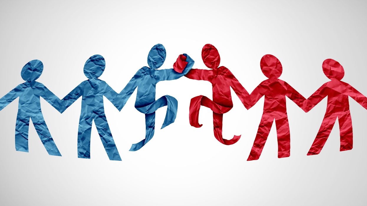 blue and red paper cutout figures coming together