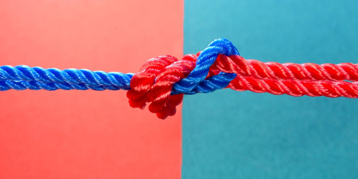 Blue and red ropes tied together