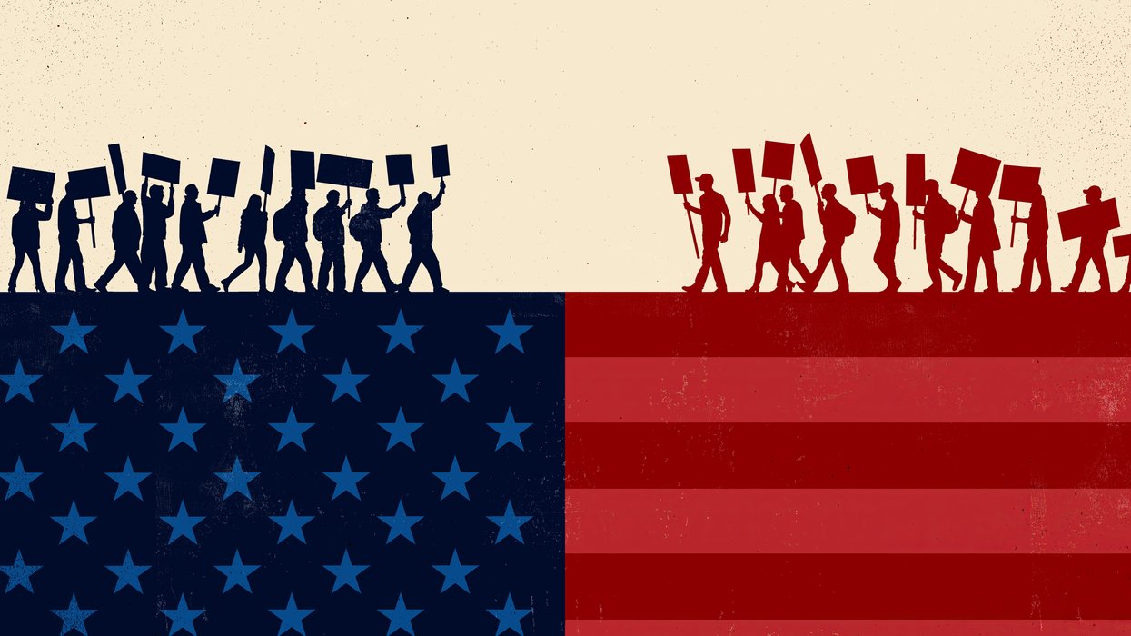 Blue and red silhouettes of protestors walking toward eithe other