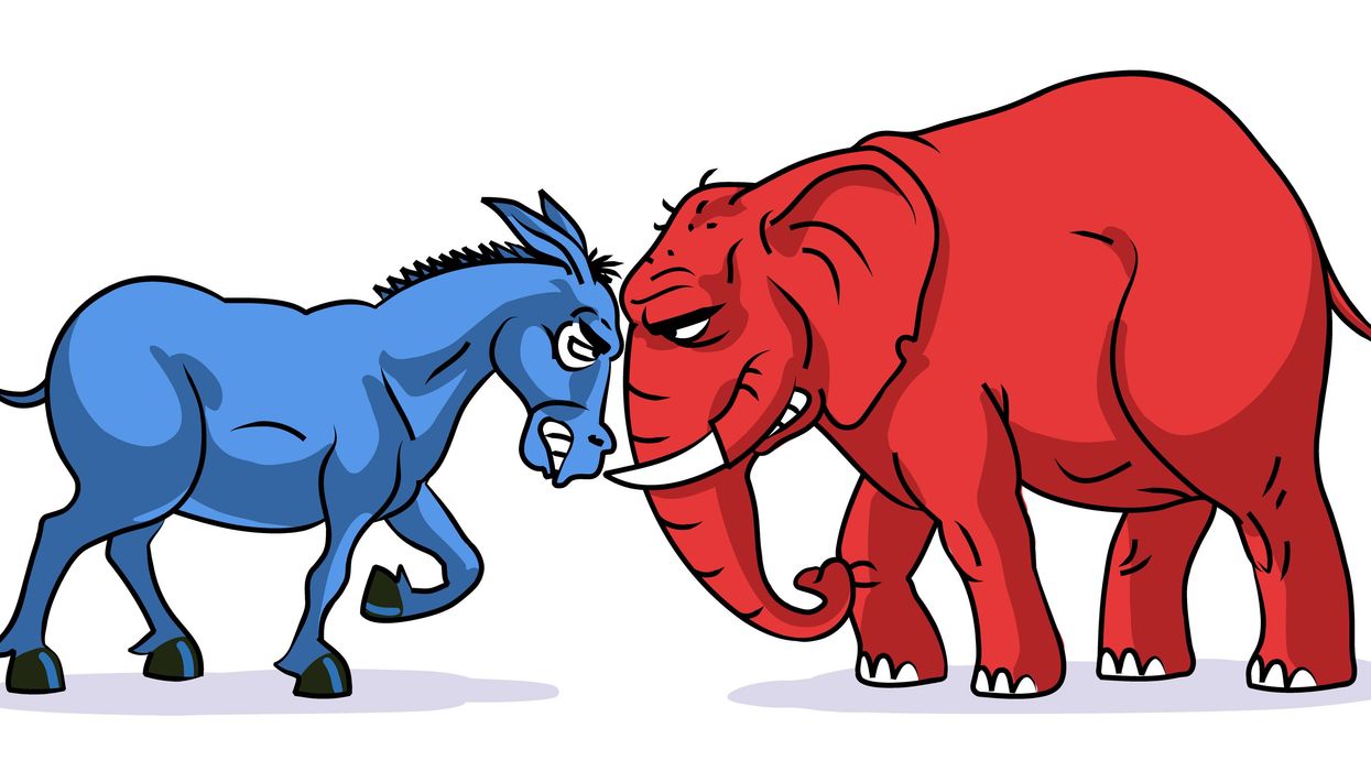 Blue donkey and red elephant facing off