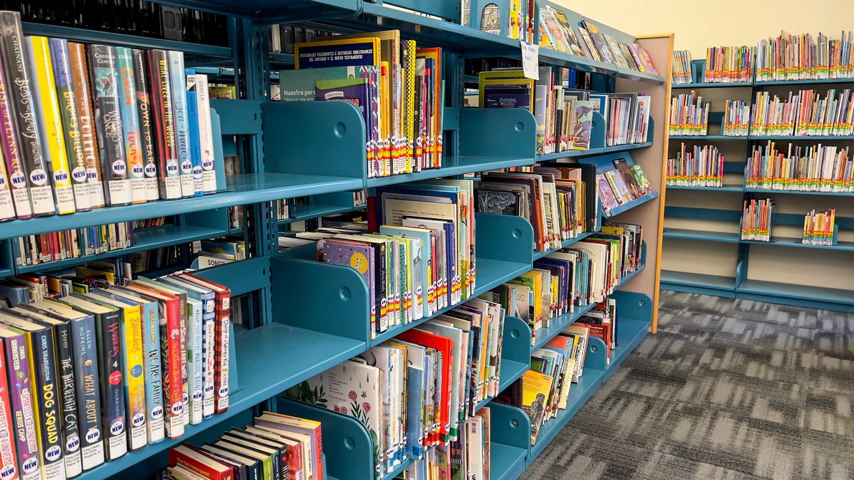 Books in a school library.