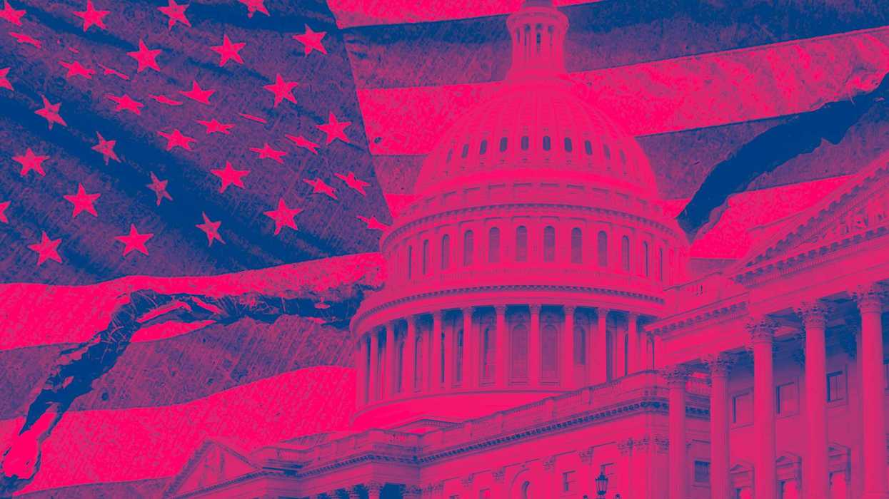Capitol building with American flag behind it