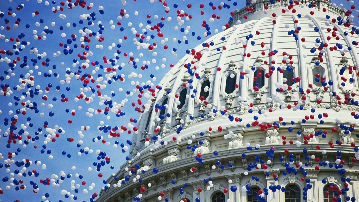 Capitol Dome surrounded by red, white and blue balloons