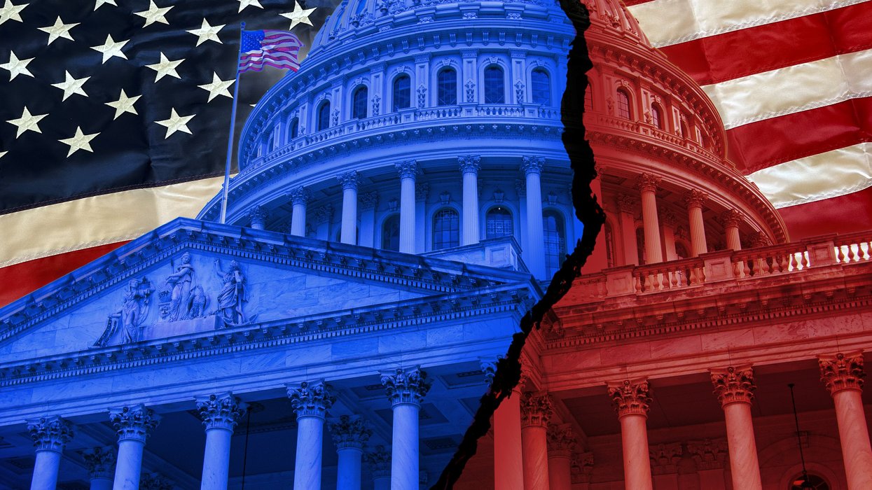 Capitoll colored red and blue, split down the middle