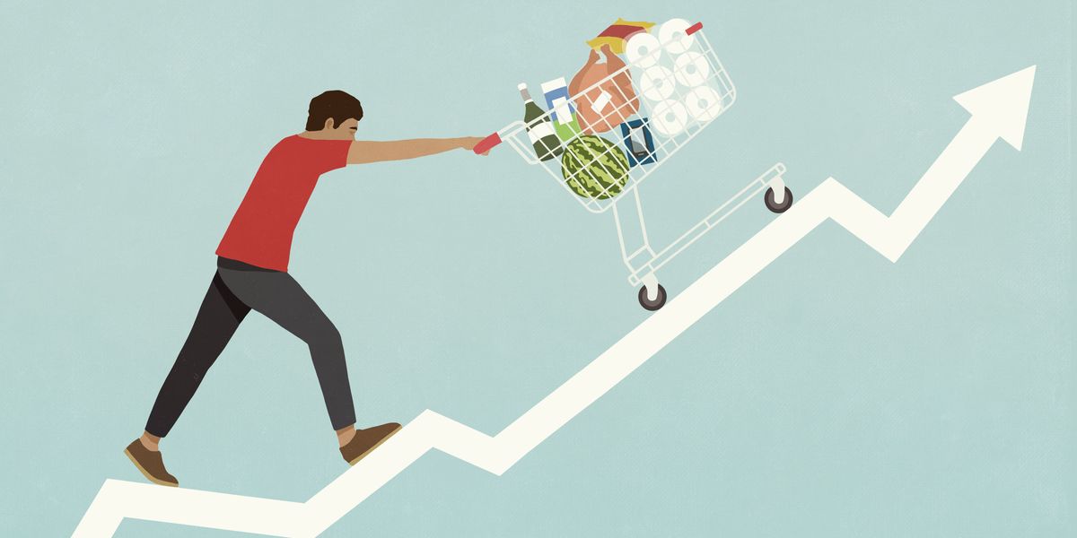 Cartoon of a person pushing a shopping cart up a line graph