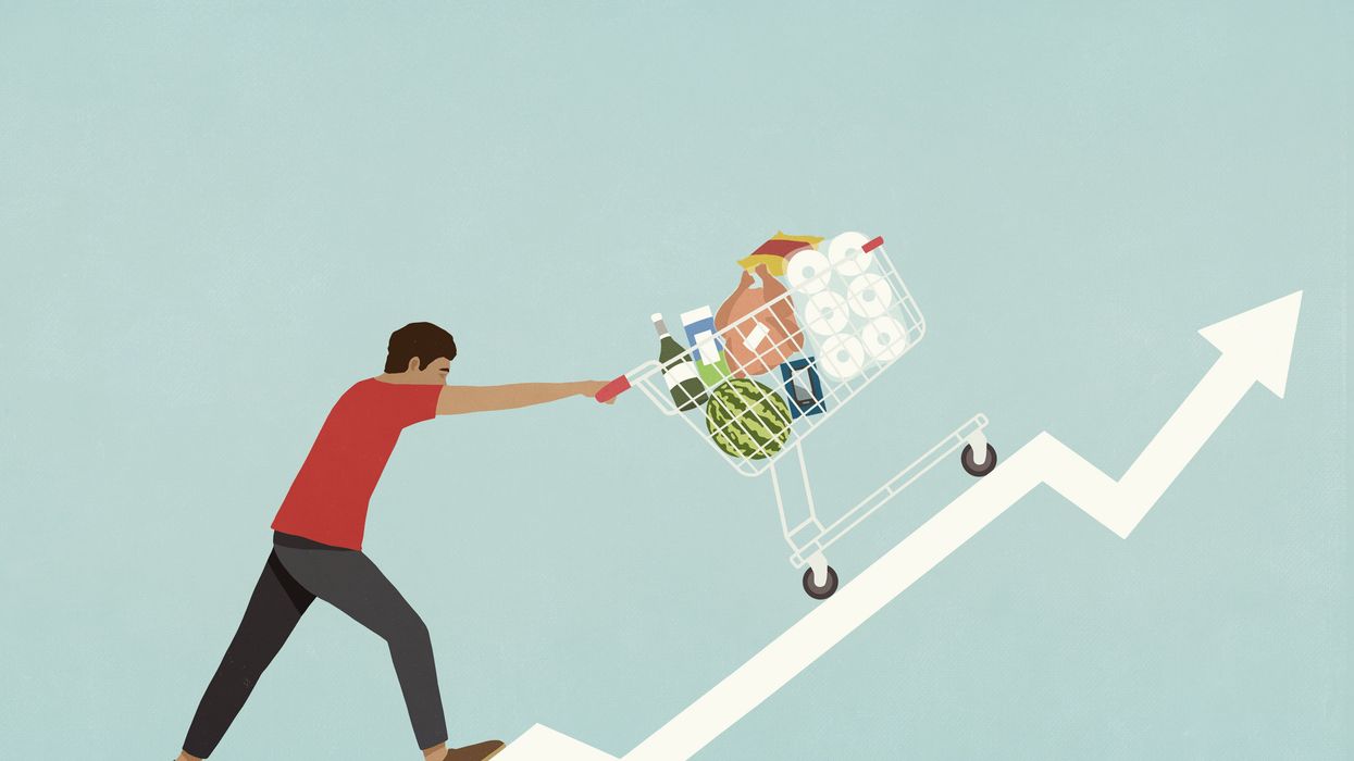 Cartoon of a person pushing a shopping cart up a line graph