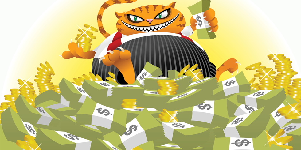Cat with plenty of gold coins and dollars