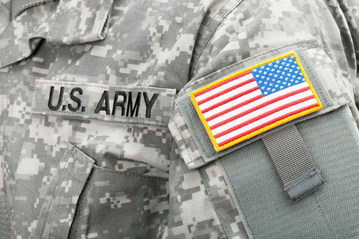 Close up of U.S. Army and American flag patches on a uniform
