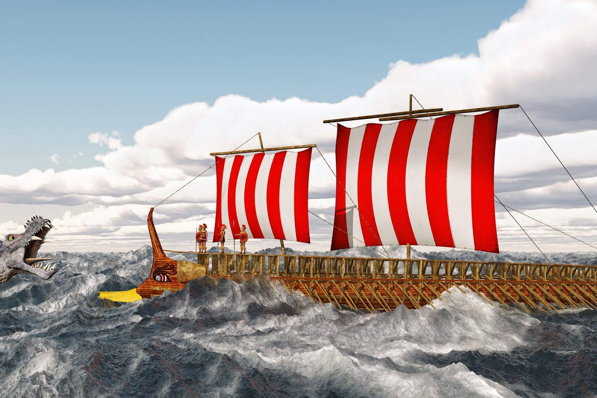 Computer-generated art of a ship trying to avoid monsters