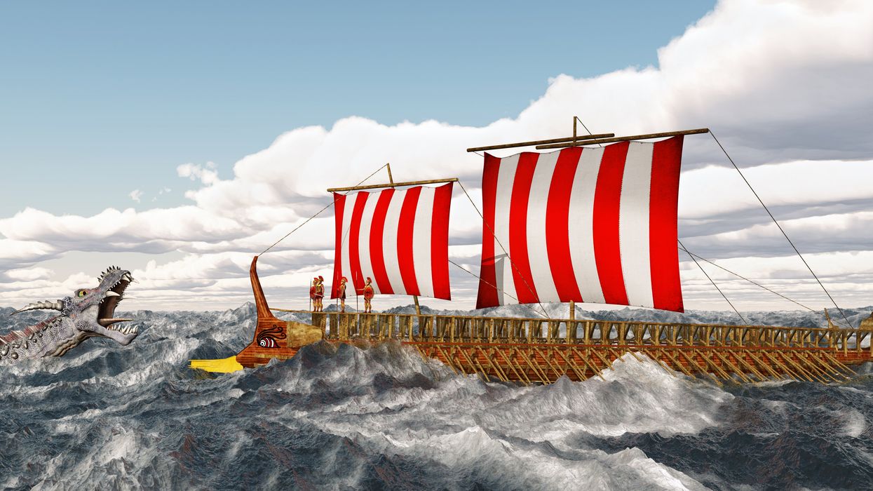 Computer-generated art of a ship trying to avoid monsters