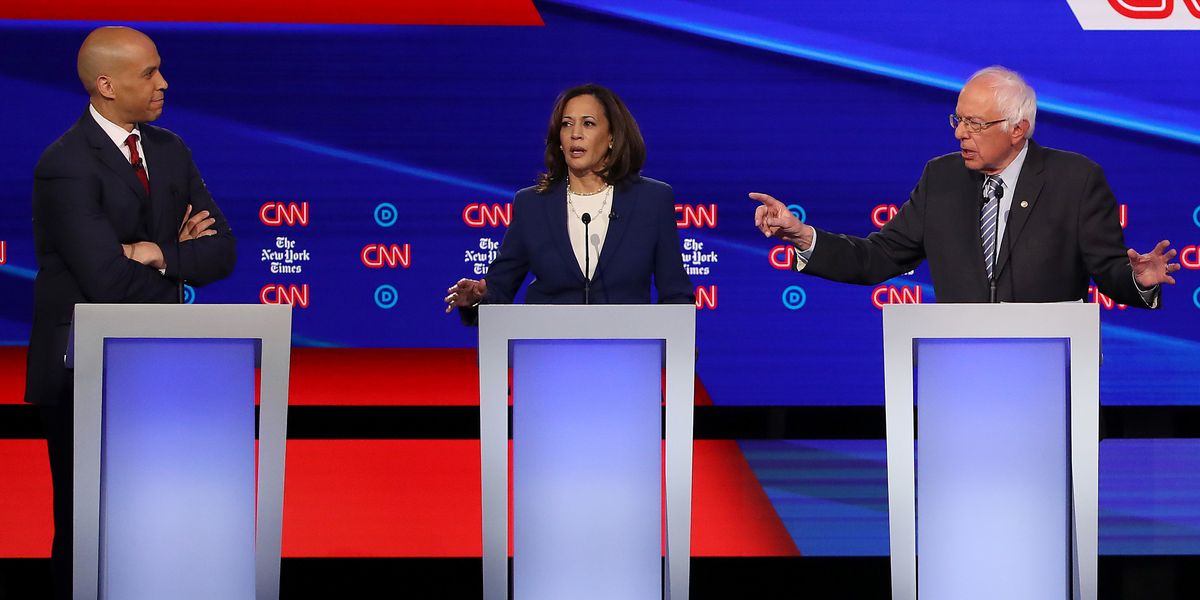 Cory Booker, Kamala Harris and Bernie Sanders at the Democratic presidential debate in October