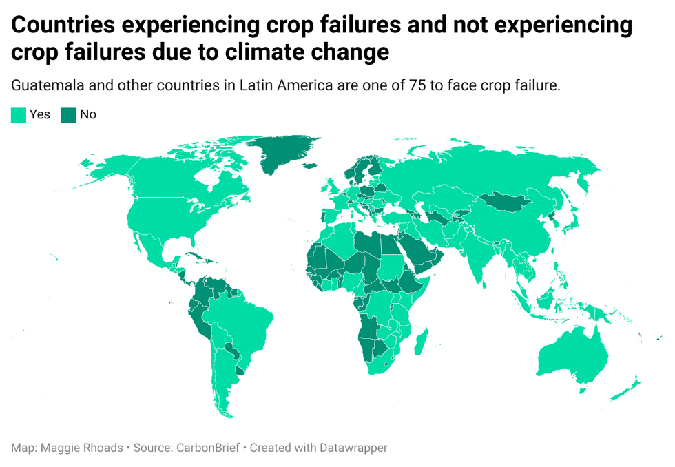 Countries experiencing crop failures and not experiencing crop failures due to climate change