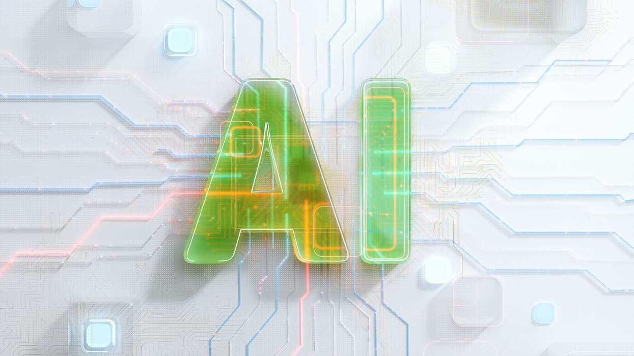 Digital generated image of green semi transparent AI word on white circuit board visualizing smart technology.