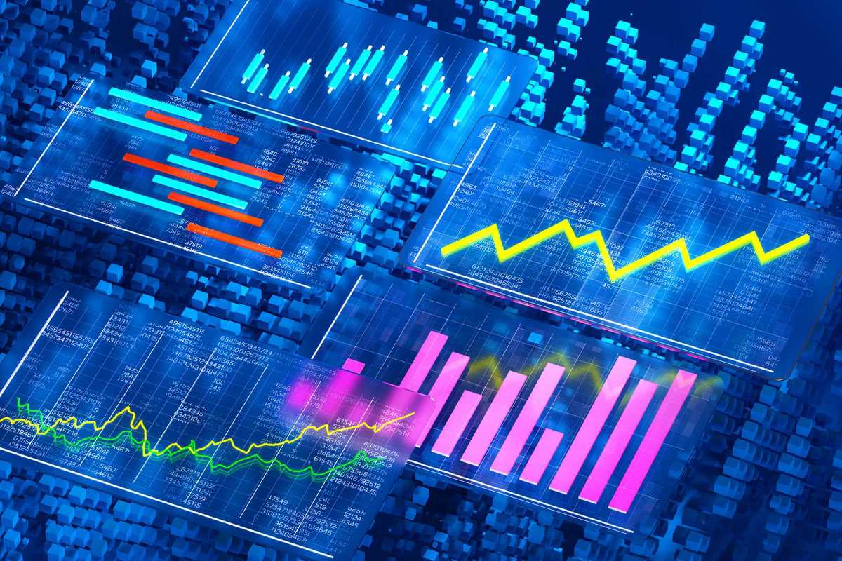 Digital generated image of multiple white cubes with abstract economy graphs and charts.