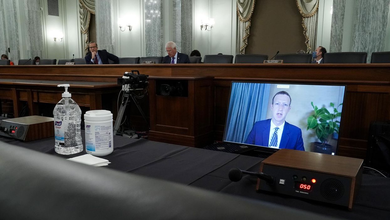 Facebook CEO Mark Zuckerberg testifies remotely during an October 2020 Senate hearing on changing Section 230 of the Communications Decency Act.
