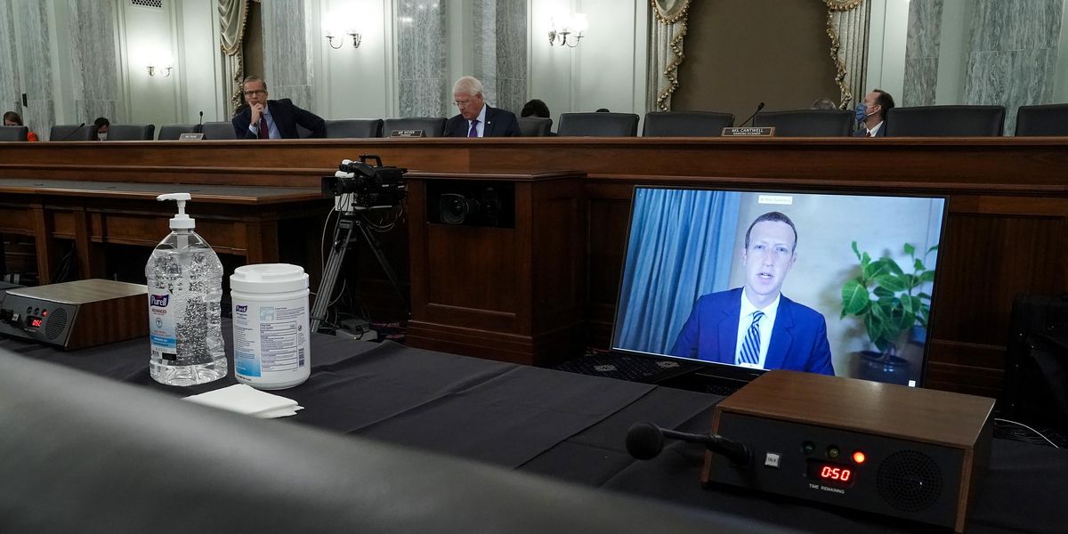 Facebook CEO Mark Zuckerberg testifies remotely during an October 2020 Senate hearing on changing Section 230 of the Communications Decency Act.