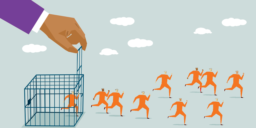 Felons escaping a cage illustration