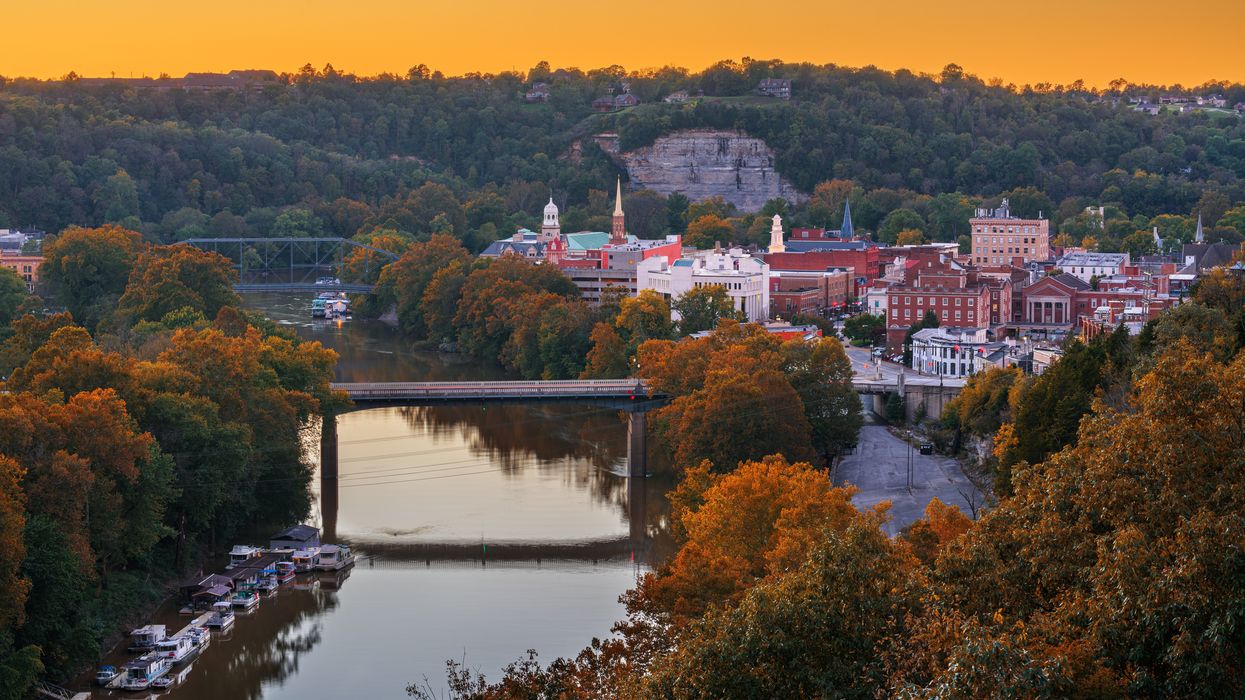 Frankfort, Kentucky, skyline on the Kentucky River at dusk.