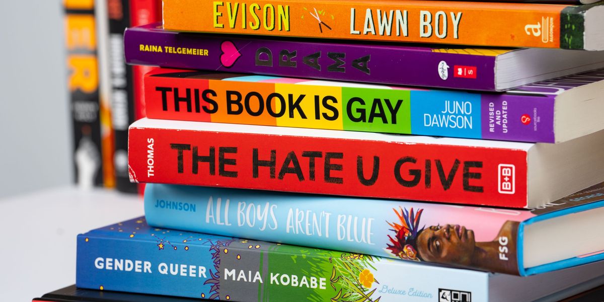 Frequently banned books: Lawn Boy, Drama, This Books Is Gay, The Hate U Give, All Boys Aren't Blue, Gender Queer
